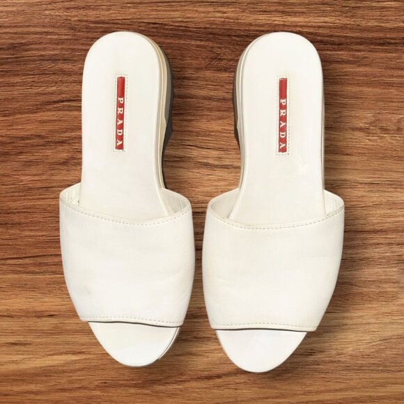 White Black Leather Prada Slides Flat Sandals Flip Flops Size EU 36.5 US 6.5 - Picture 1 of 9